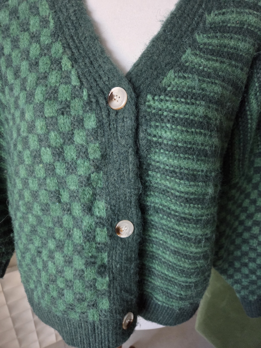 RAGA Anthropologie Emerald City Cardigan Green Vneck Button Checkered Stripes 1X - Picture 5 of 8
